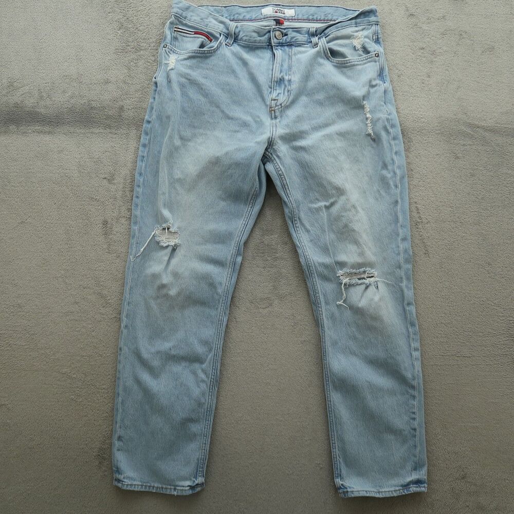 Tommy Jeans Mens Size 36x32 Blue Relaxed Straight Stretch Light Wash Distressed - Picture 4 of 16